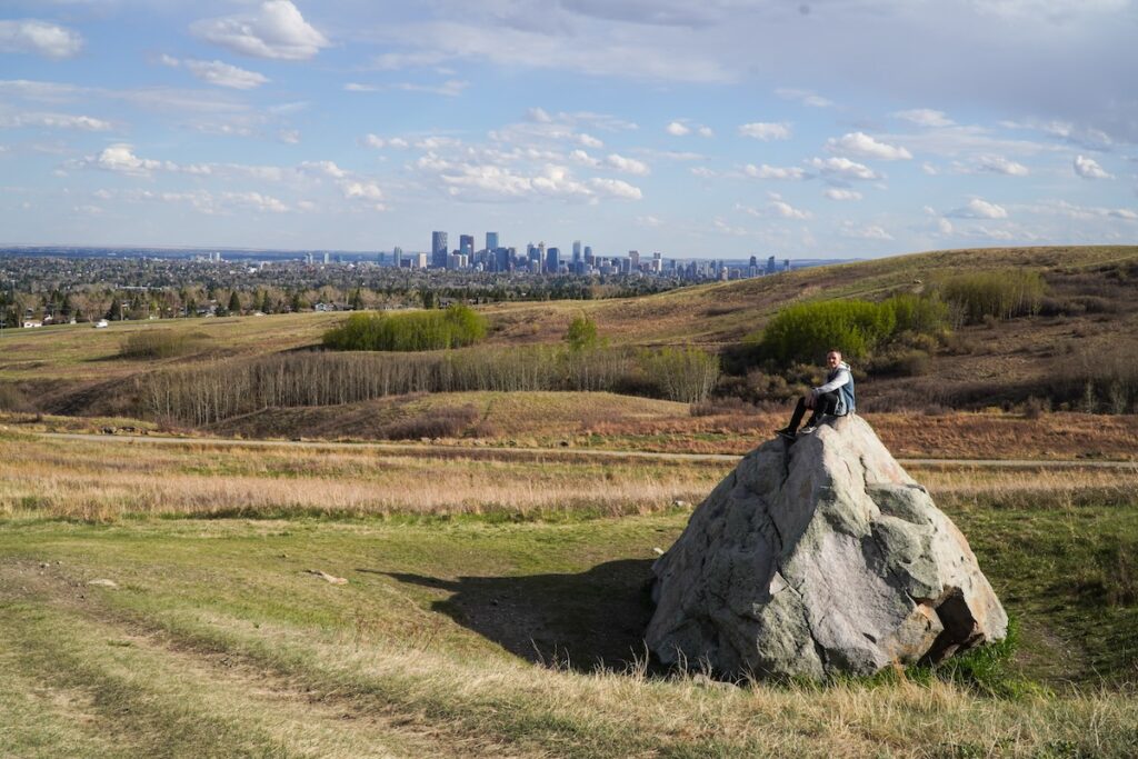 Hiking Nose Hill Park in Calgary. Alberta.